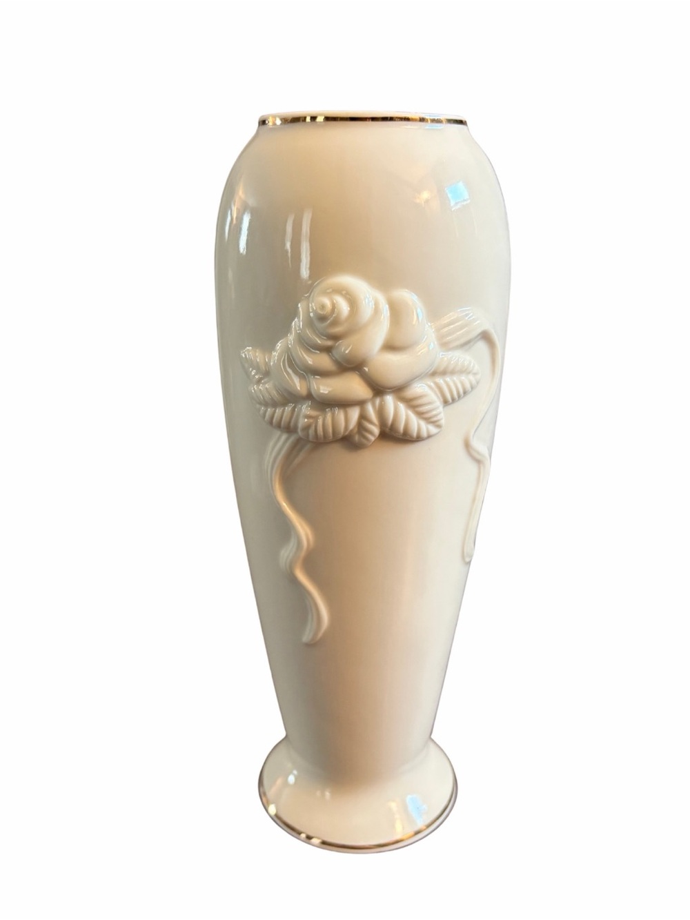 Lenox Rose Blossom Porcelain Vase with Raised Rose Motif and 24K Gold Rim